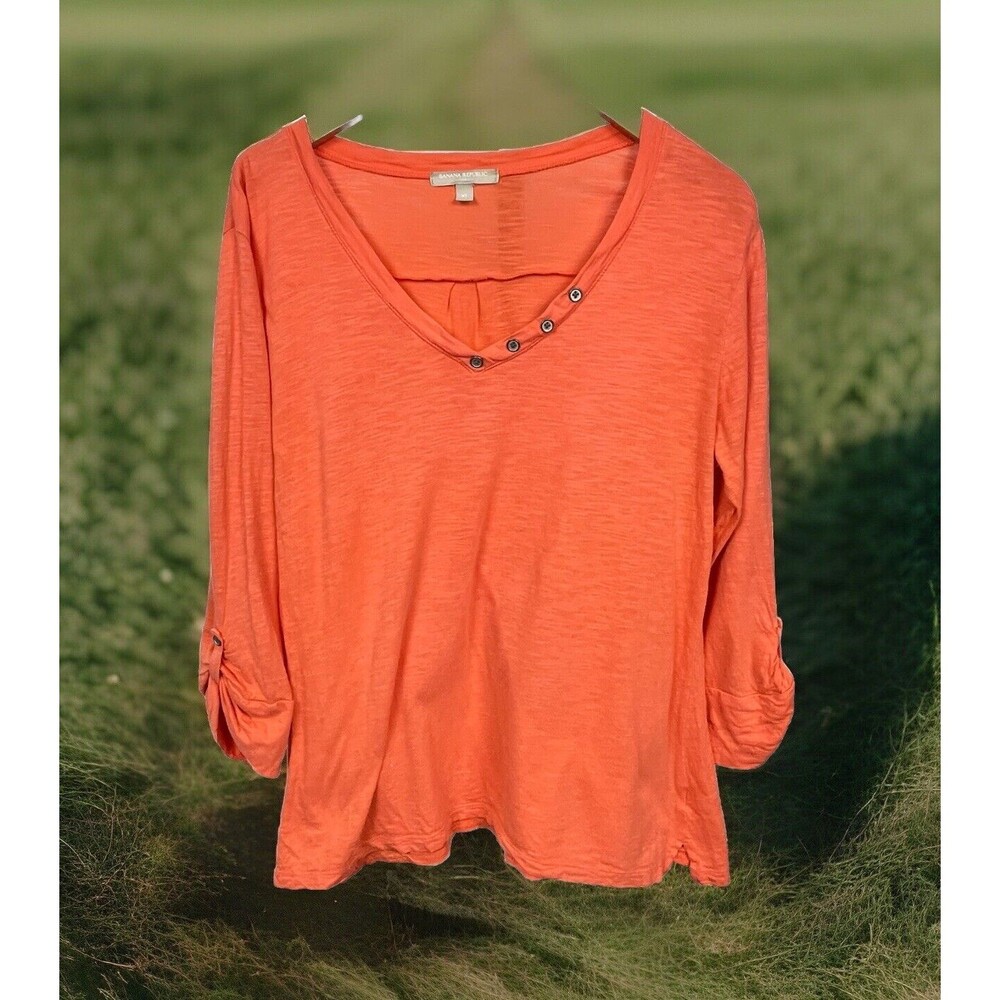 Banana Republic Top Vintage T Shirt Henley 3/4 Roll Tab Sleeves V Neck Orange XL